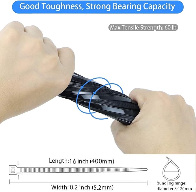 Zip ties 16 inch black Cable ties 100 pcs/Pack outdoor use wire ties with 60 Pounds tensile