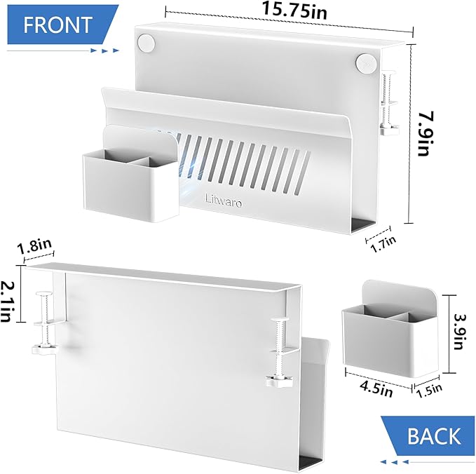 Litwaro Desk Side Storage Organizer, Under Desk Laptop Holder No Drill, Laptop Mount with Magnetic Pen Holder, Hanging Desk Organizer Fits Flat Edge Desks 0.4" to 2.1" (White)