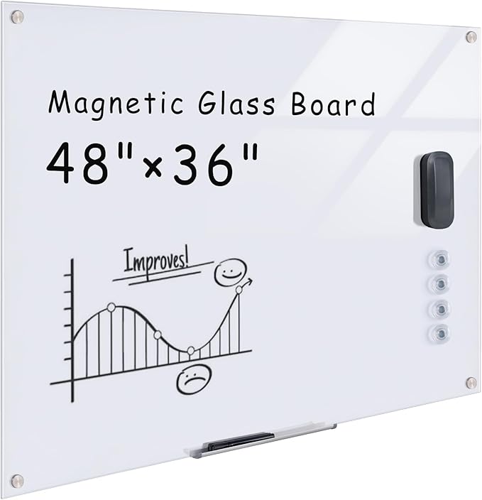 Mifuro Magnetic Glass Whiteboard，48"x36" Wall Mounted Frameless Dry Erase Board for Office, Home & School Ultra White