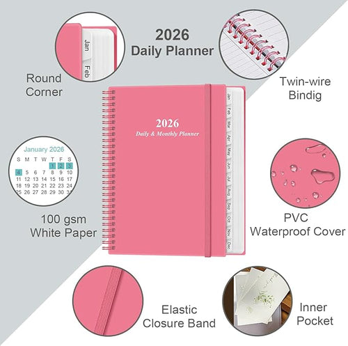 2026 Daily & Monthly Planner - One Page Per Day, Daily Planner from January 2026 - December 2026, Planner 2026 with 12 Monthly Tabs, 8.5" x 11", Pink