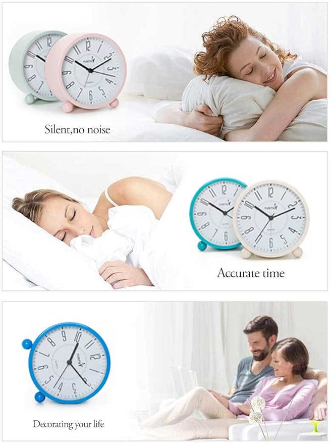 Super Silent Metal Alarm Clock,Beep Wake Round Alarm Clock with Night Light,Battery Operated,Easy Set,Simple & Retro for Desk, Bedroom and Home Decoration(Creamy White)