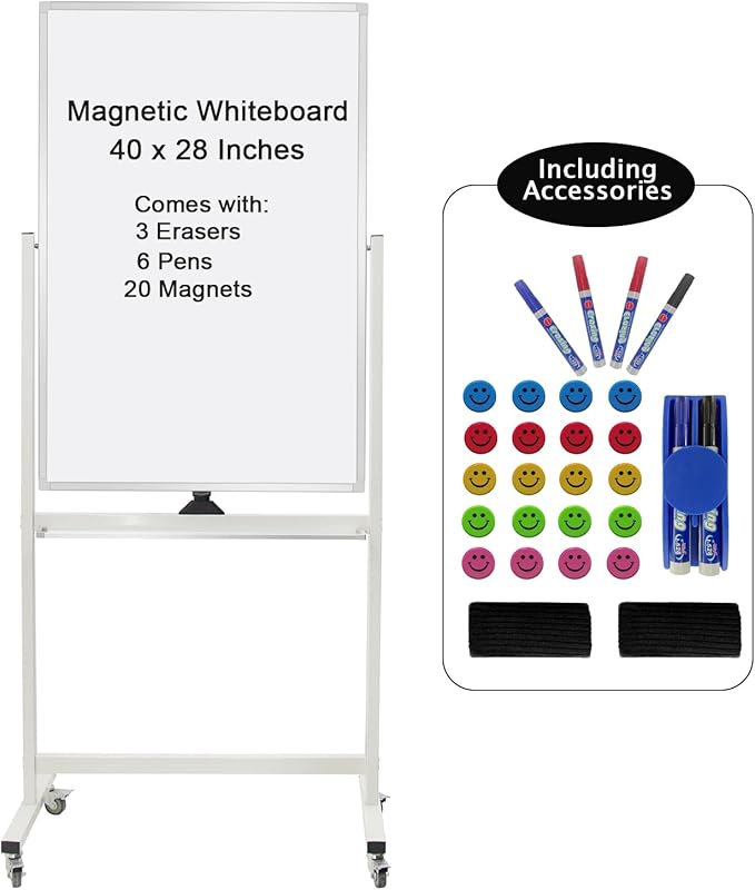 40" x 28" Mobile Dry Erase Whiteboard Double-Sided White Boards on Wheels Flip-Over Magnetic Rolling Whiteboard with Stand, Aluminium Frame