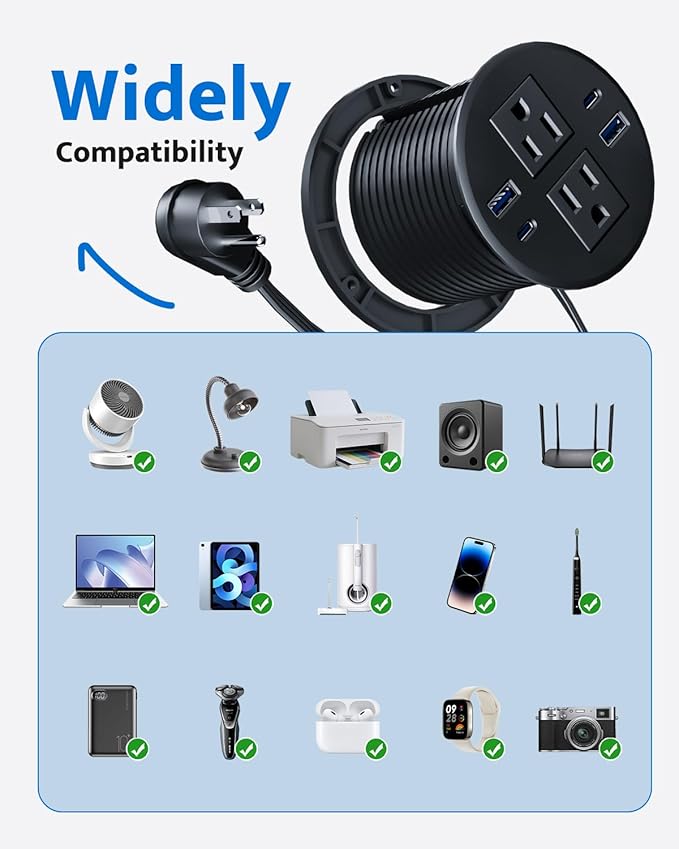 3 inch Recessed Power Grommet with AC Outlets, 20W USB C Fast Charging Conference Recessed Outlet, 40W Total, Flush Mount for Desk,Office Tables,Furniture, 4 USB Ports, Black