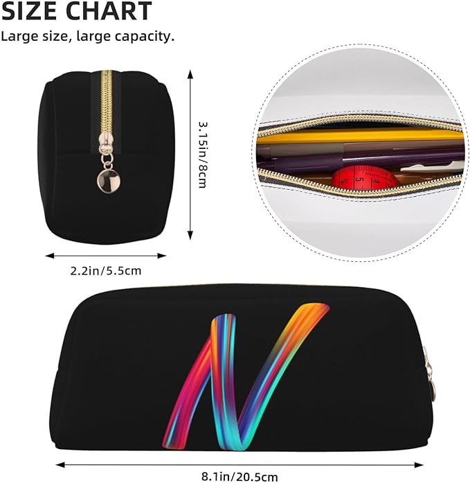 Cute Initial Pencil Case for Kids Simple Leather Pencil Pouch for Boys Girls Letter Design Pencil Box Pen Bag Pencil Pouch Office Stationery Organizer, Rainbow Letter N