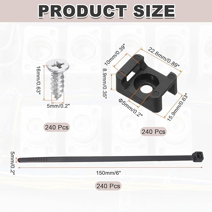MECCANIXITY 100pcs 0.89" Cable Tie Saddle Type Mounts Base with 6" Cable Zip Ties and M5 Tapping Screws, Wire Organizer Holder Clamps Set, Black
