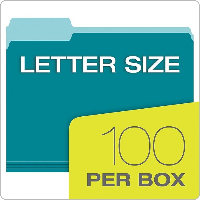 Pendaflex Two Tone Color File Folders, Letter Size, Assorted Colors (Teal, Violet, Gray, Navy and Burgundy), 1/3-Cut Tabs, 5 Color, 100/Box, (02315)