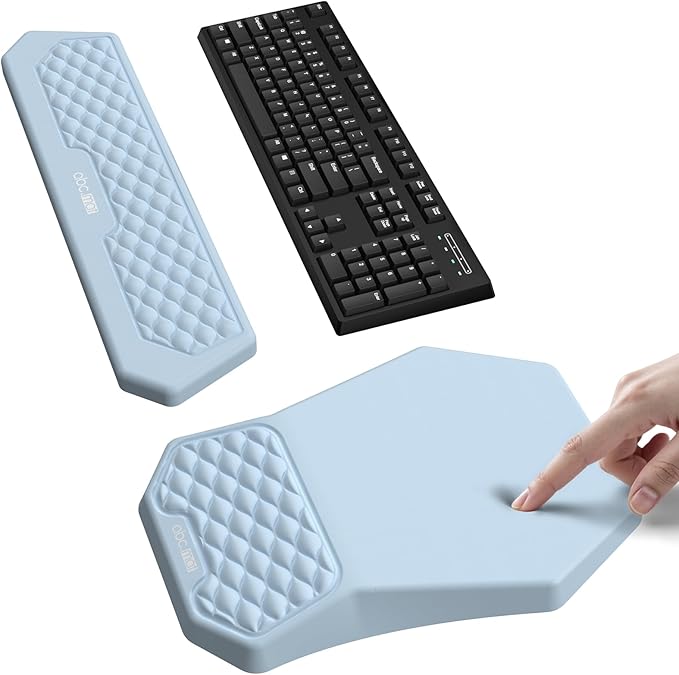 Ergonomic Mouse Pad and Keyboard Wrist Rest Support Set, Massage Design Mousepad for Carpal Tunnel Pain Relief, Memory Foam, Non-Slip PU Base for Computer Desk, Baby Blue