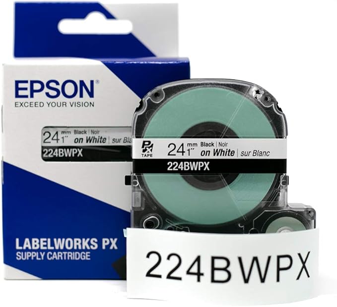 Epson LABELWORKS 224BWPX Genuine PET (Polyester) Tape Cartridge - Black on White Industrial Label Maker Tape - 1" (24MM) Wide, 30 ft