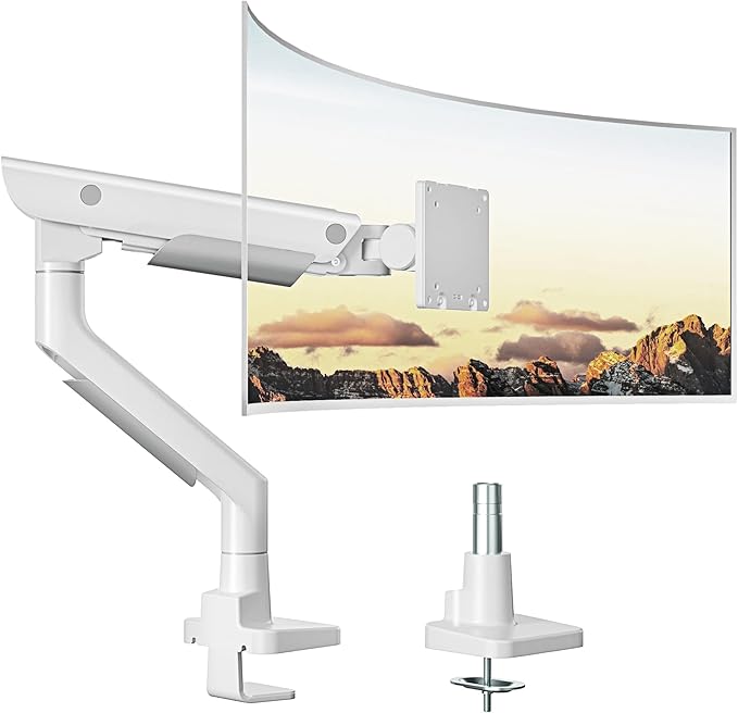 monTEK Sleek Aluminum Monitor Arm for 17–57” Ultrawide Screens up to 59.4 lbs, Heavy Duty Single Monitor Arm Desk Mount, Pneumatic Lift, Quick-Release Plate, Clamp/Grommet, Max VESA 100x100