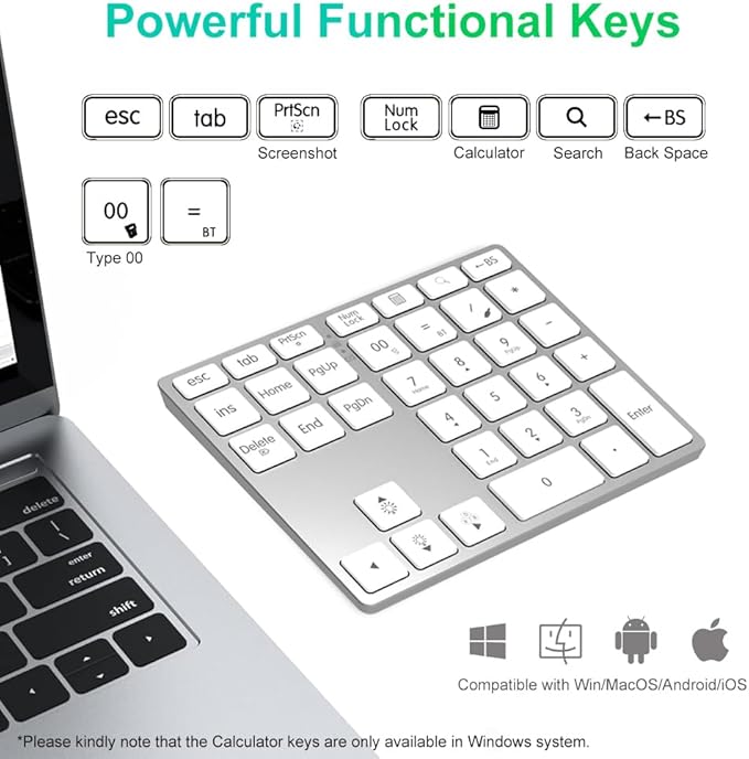 Tri-Mode Aluminum Numpad 7-Color Backlit Bluetooth 5.0/Wired USB-C/2.4G Wireless Number Pad Slim 35-Key Rechargeable Numeric Keypad External Keyboard Num Pad for Laptop, Mac - Silver White