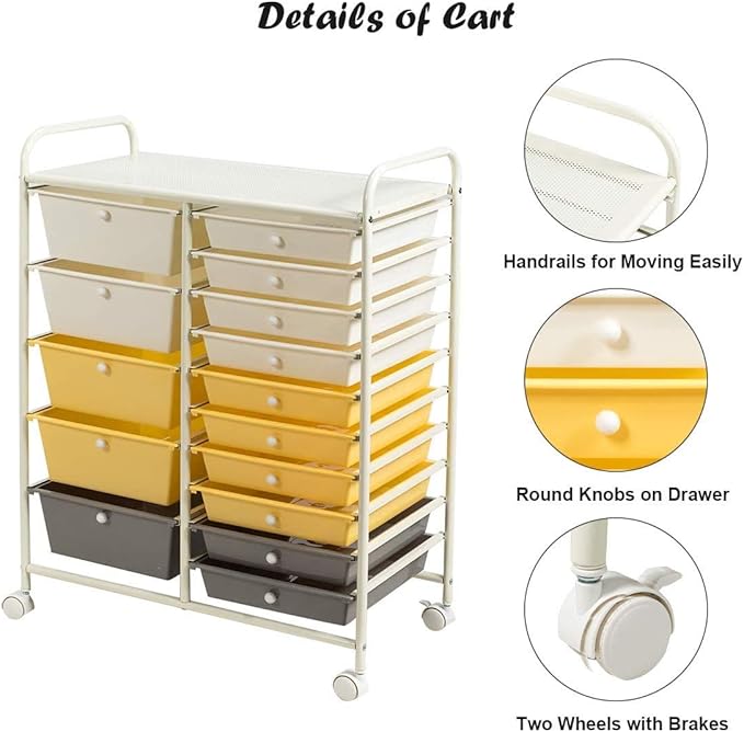 ARLIME 15-Drawer Storage Cart, 15 Drawer Trolley, Rolling Organizer Cart, Scrapbook Paper Organizer, Suitable for Office and School, Rolling Office Storage Tools (Yellow&White&Grey)