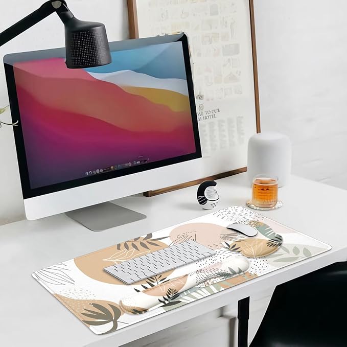 4-in-1 Gaming Mouse Pad Wrist Support Set，Desk Pad + Mouse Pad with Wrist Rest + Keyboard Wrist Rest + Coaster, Ergonomic Design for Home Office Study Game - Plant