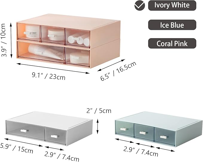 Desktop Organiser with 5 Drawers, Stackable Plastic Storage Box on Desk, Small Drawers Storage Unit for Home Collection, Cosmetics, Office Supplies (2 Flat Layers, White)