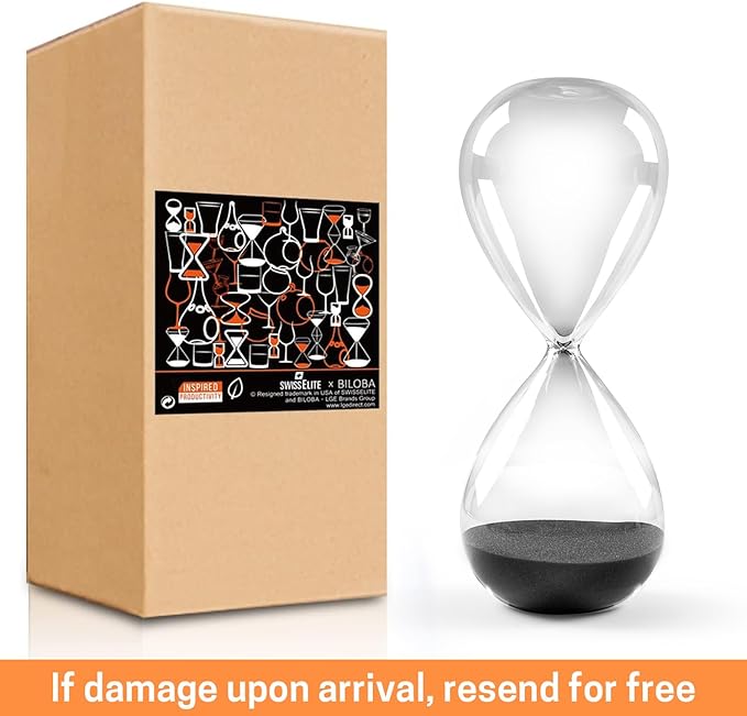 SWISSELITE Hourglass Sand Timers, Hourglass Sand Clock Inspired Glass for Home, Desk, Office Decor(8Inch-30Mins Black Beauty)
