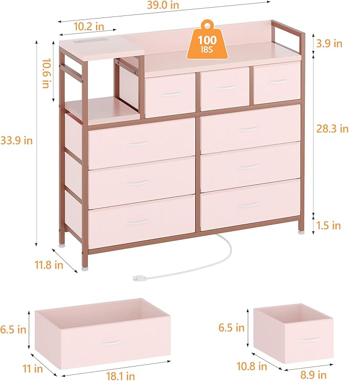 Jojoka 9 Drawer Dresser TV Stand with Charging Station,Modern Entertainment Center for Living Room & Bedroom with Power Outlets, Open Storage Shelves, Pink