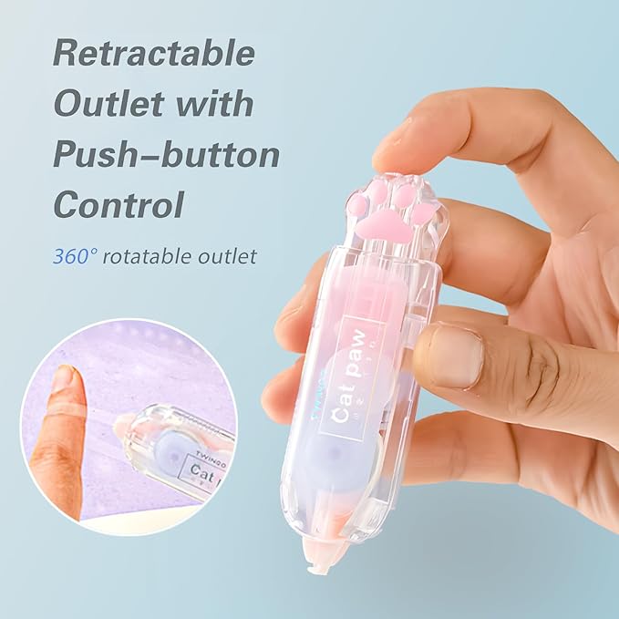JUDENMEY 3Pcs Retractable White Correction Tape,Cute Cat Paw Correction Tape Pens, Mini Aesthetic Pen Shaped White Applicator with Easy to Use Out Tape for Back to School Office Supplies