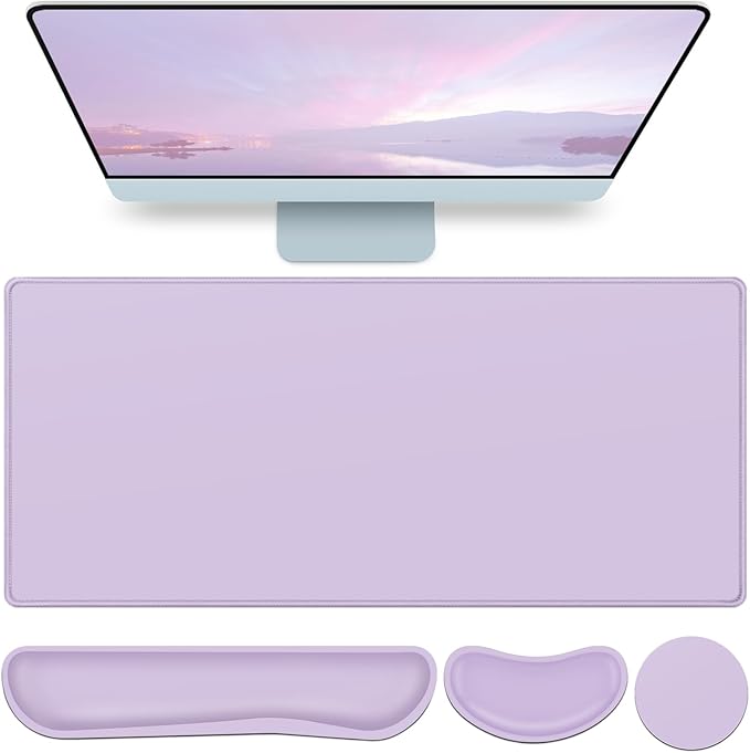 Desk Mat Purple, Large Gaming Mouse Pad with Wrist Rest, 4in1 XXL Mousepad+Keyboard Wrist Rest+Mouse Pad Wrist Support+Cup Coaster Set Ergonomic Computer Desk Arm Wrist for Decor Home Office Women