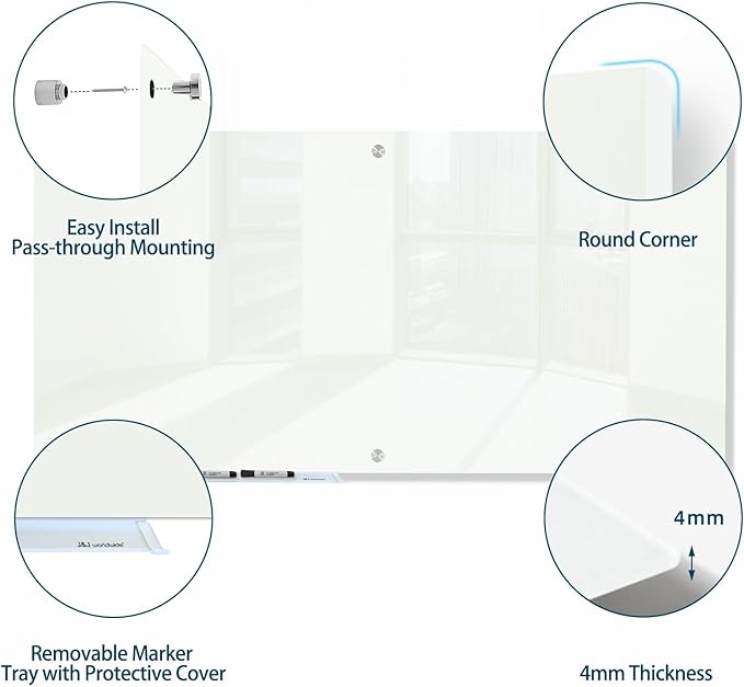 J&J worldwide Magnetic Glass Whiteboard 6' x 4', Large Frameless White Boards for Walls 72 x 48 Inches, Large Dry Erase Board for Office, Home, School