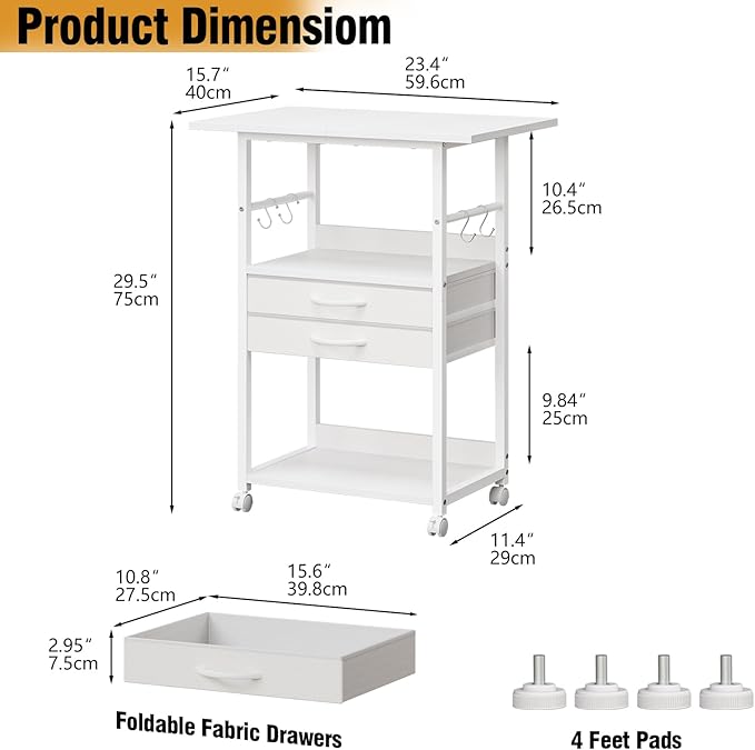 Large Printer Stand with Storage Fabric Drawer Under Desk Printer Table with Wheels for Home Office, Printer Cart fit Fax Machine Scanner (White, 3 Tiers)
