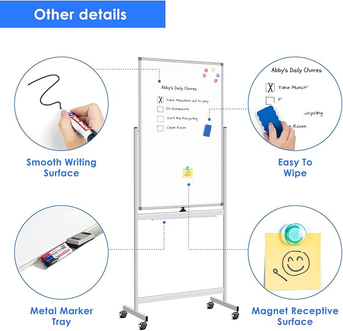Magnetic Mobile White Board, 40 x 24 Double Sided Dry Erase Board Rolling Whiteboard Aluminum Frame Standing Whiteboard on Wheels