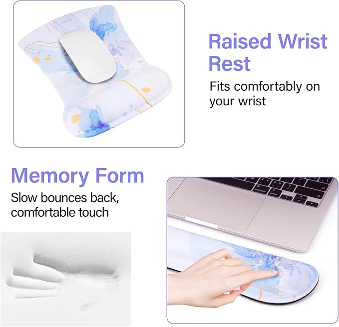 MOSISO Desk Pad Mat Keyboard Mouse Pad Set, Large Gaming Mouse Pad&Keyboard Wrist Rest&Mouse Pad with Wrist Rest&Coaster, Ink Petals Ergonomic Non-Slip Mousepad with Memory Foam for Home Office,Blue