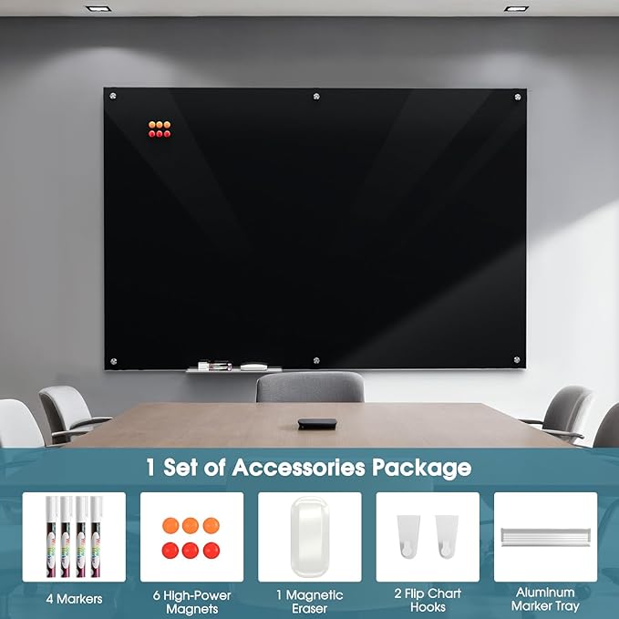 MaxGear Glass Whiteboard Wall Mounted, Frameless Magnetic Dry Erase Board, Tempered Glass, Steel-Backed, Non-Porous Smooth Surface, Floating Design, Accessories Included, for Office Home Classroom