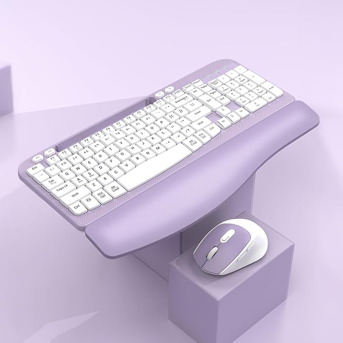 Wireless Keyboard and Mouse Combo, Wave Keys Full-Sized Ergonomic Keyboard with Cushioned Plam Rest, Phone Holder, Comfortable Natural Typing, 2.4G Cordless Set for Computer, Laptop, PC, Mac, Windows