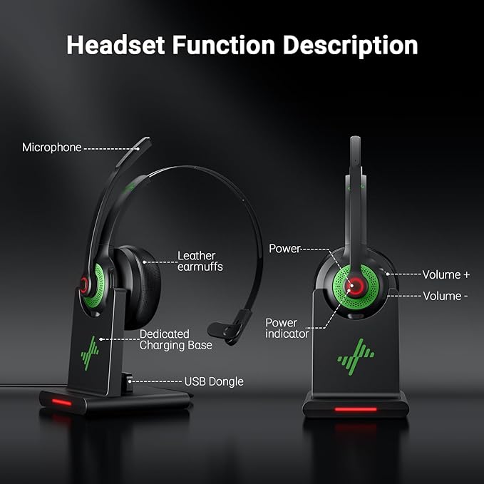 JIAMQISHI Wireless Headset with Mic for Work, Clear Call, Bluetooth 5.2 Headphones with USB Dongle & Mic Mute Function, Special Charging Base, Applicable to PC, Laptop, Phone, Android, Zoom, Office
