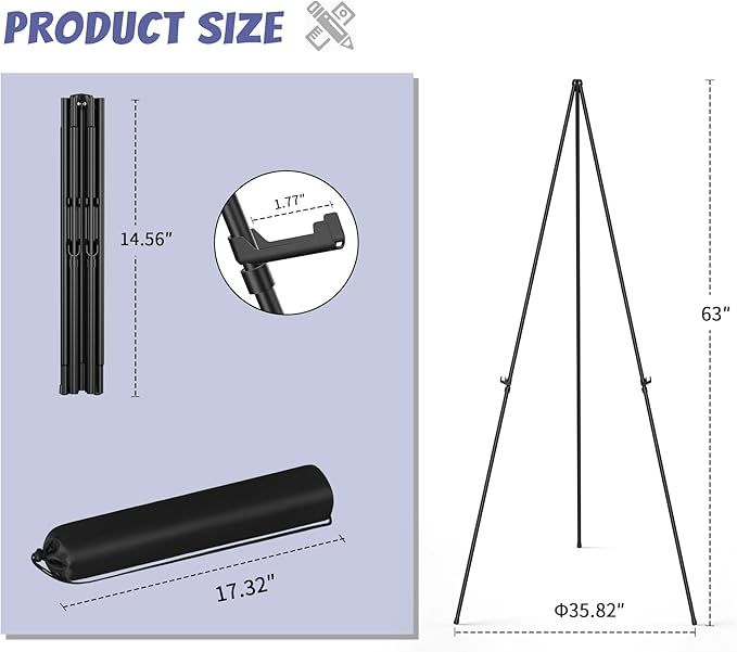 Thicken Display Artist Easel Stands - 63" Instant Tripod Collapsible Portable Floor Easels - Easy Folding Adjustable Art Poster Metal Stands for Display Show, Wedding, Painting - Black 6 Pack