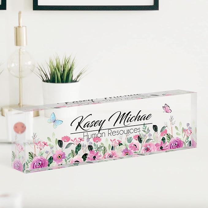 SalaGraphics Desk Name Plate Personalized, Custom for Desk, Office Decor Women Men, Acrylic Accessories, Gifts Coworkers Boss Teacher, Employee Appreciation (Flowers B) 8”(L)x2.5(W)