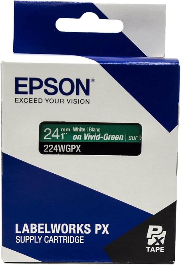 Epson LABELWORKS 224WGPX Genuine PET (Polyester) Tape Cartridge - White on Green Label Maker Tape - 1" (24MM) Wide, 30'