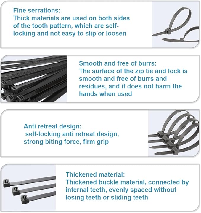 Zip Ties, Cable Ties, 1000Pcs 8Inch 48Lb Tensile Strength Black Premium Self-Locking Nylon Zip Ties For Home Office, Garden, Workshop Fences
