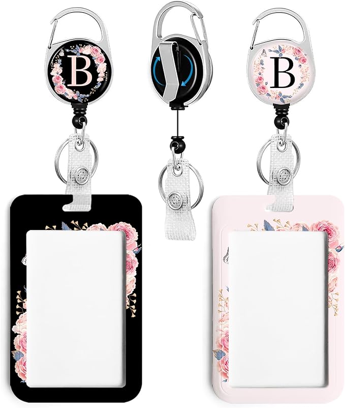 2 Pack A-Z Letter ID Badge Holder with Clip Badge Reels Retractable Heavy Duty,Keychain，ID Holder for School Nurse Office B