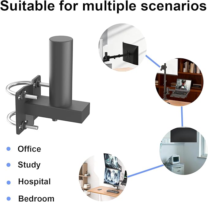 No Drill Monitor Arm Wall Mount - Clamp-on Adjustable Desk Mount for Round & Square Tubes, VESA Compatible Computer Screen Mounting Bracket for Office, Study, Hospital, Bedroom