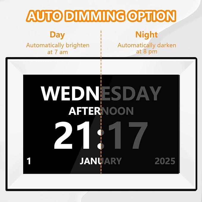 10.1" Easy to Use Touch Screen Digital Clock with 64 Sets of Custom Alarm Clocks,3 Ringtone Options,Dementia Clock with Day and Date of Week,Clock for Seniors, Auto DST,Gfits (White)