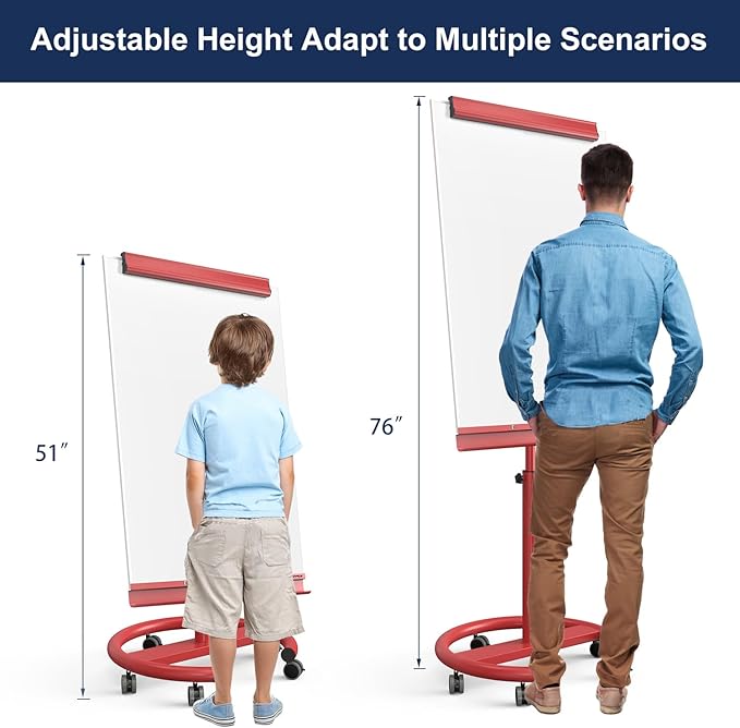 TSJ OFFICE Mobile Whiteboard Magnetic - 40 x 26 Inches Dry Erase Board on Wheel with Stand Flipchart Easel Height Adjustable,Red