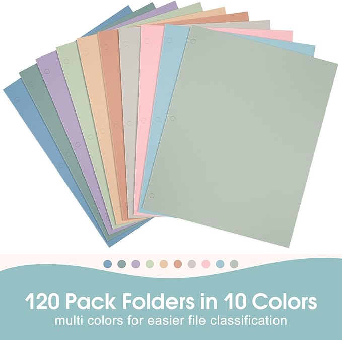 Pastel Folders with Pockets, 2 Pocket Folders Bulk (120 Pack, Assorted Colors), 3 Hole Punched with Business Card Slot, Letter Size, Cute Aesthetic Paper File for School Office Home for Girls