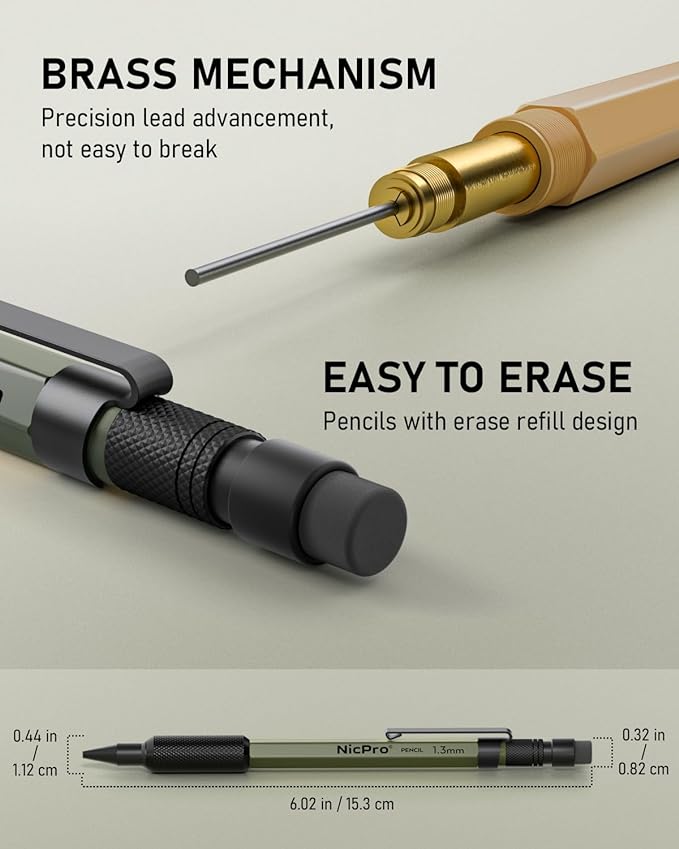 Nicpro 3 PCS 1.3 mm Mechanical Pencil Set 3 Colors with 48 Lead Refill, 3 Eraser - Weatherproof Metal MP2000 Heavy Duty Carpenter Pencil for Outdoor Marking Drafting Drawing Woodworking