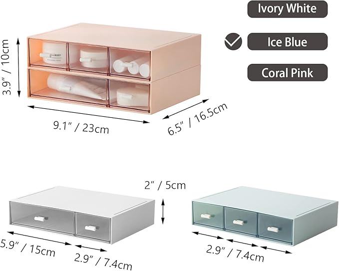 Desktop Organiser with 5 Drawers, Stackable Plastic Storage Box on Desk, Small Drawers Storage Unit for Home Collection, Cosmetics, Office Supplies (2 Flat Layers, Blue)