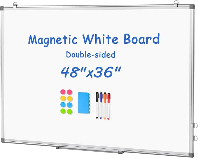 WALGLASS Large White Board Dry Erase for Wall, 48'' x 36'' Double-Sided Magnetic Whiteboard with Aluminium Frame, Hanging & Wall Mount for Home Office School