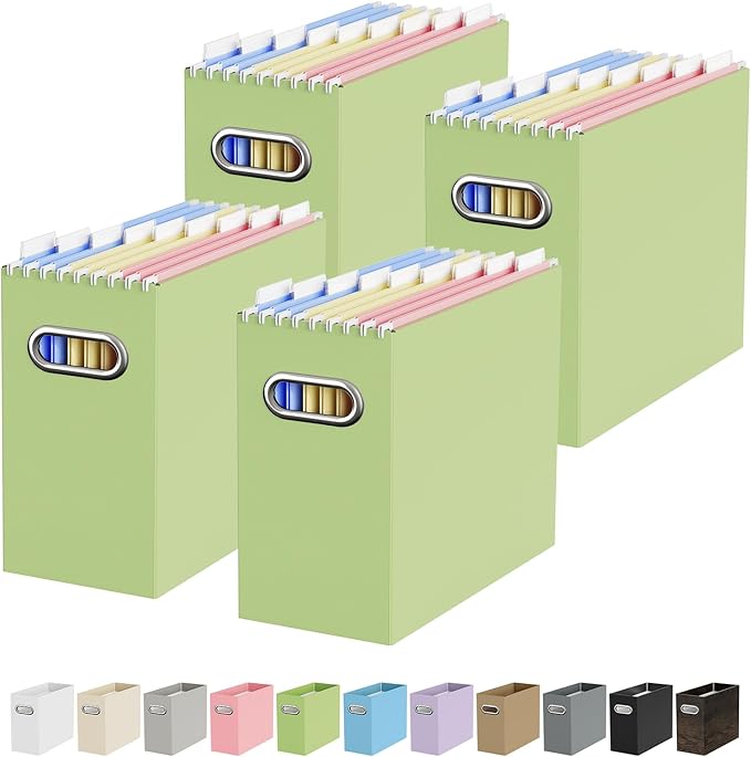 Oterri File Organizer - Small Cardboard Storage Box, Collapsible and Portable With Handle for Letter Size Files, Hanging Folder Box (Green, Letter Size - 4 Packs)