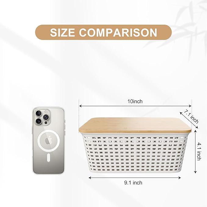 Plastic Storage Bins with Bamboo Lid - Pantry Storage Baskets with Lid - Stackable Container with Lable for Organizing: Small Storage Box for Shelves Office Cabinet Drawer Closet 9x7x4 In - White 6Pcs