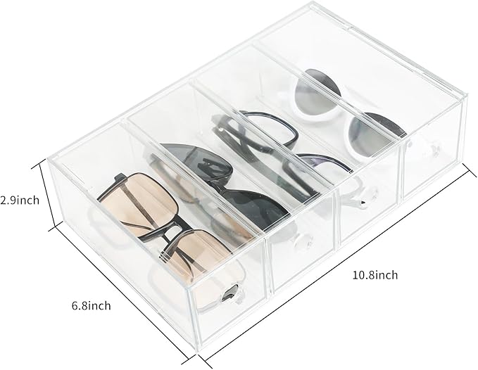 3-Pack Stackable Acrylic Storage Drawers, Desk Organizer Transparent Cosmetic Storage Boxes, 4 Compartment Design Suitable for Stationery, Dressing Table, Sunglasses, Jewelry Storage Organization