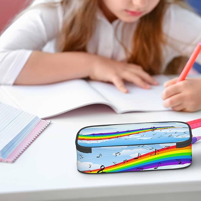 Rainbow Notes Pencil Case Blue Sky White Clouds Pencil Bag Pen Markers Pouch Holder Organizer for Boy Girl School Students