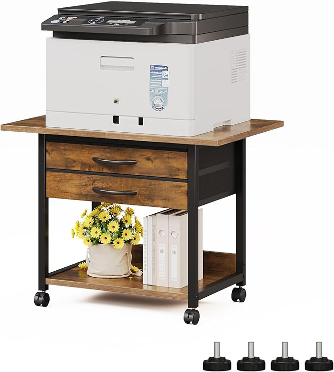 Large Printer Stand with Storage Fabric Drawer Under Desk Printer Table with Wheels for Home Office, Printer Cart fit Fax Machine Scanner 23.4"x15.7"(Rustic Brown, 2 Tiers)