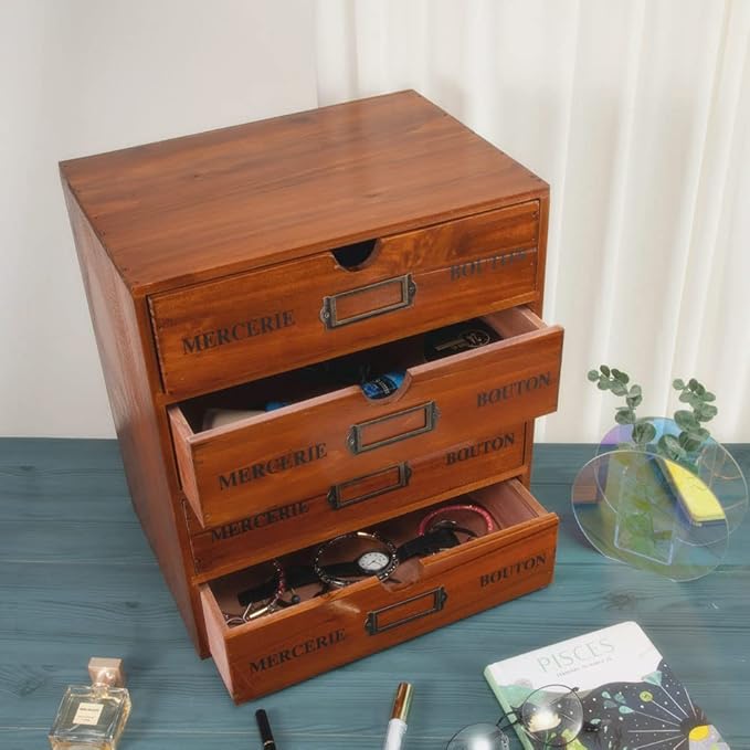 Wooden Storage Box with Drawers Vintage Office Supplies and Accessories Letter Tray Wood Desktop File Organizer 4 Tier Paper Sorter School Supply Holder Rustic Jewelry Box (LARGE BROWN)