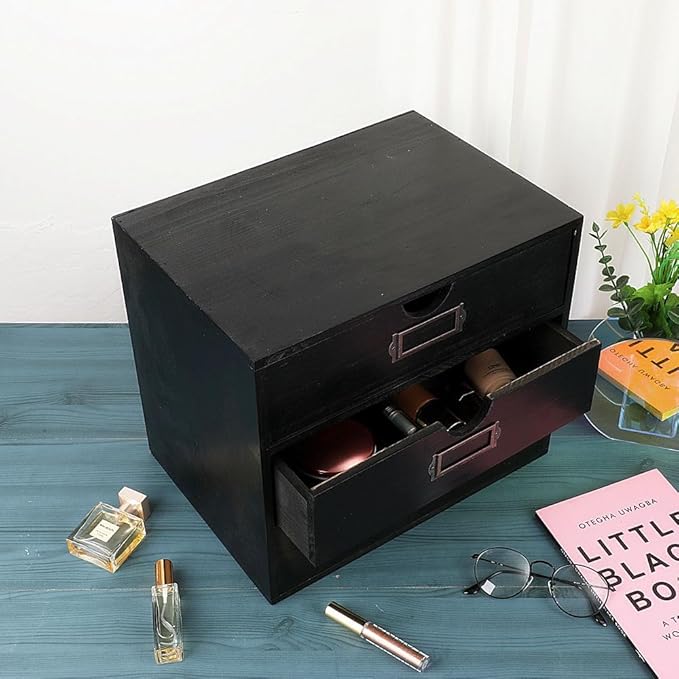 Wooden Storage Box Rustic Desktop Organizer with 3 Drawers Office Desk Accessories Shelf Large Craft Storage Containers Apothecary Cabinet and Chest Jewelry Holder for women(BLACK)