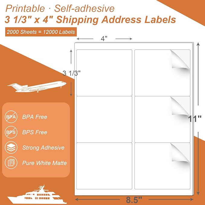 PAPRMA 3-1/3" x 4" Shipping Address Label 2000 Sheets, Laser&Inkjet Printer Label 8.5x11in Printable Sticker Paper 6up/Page, White Mailing Labels for Package Envelope