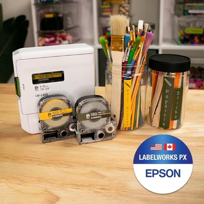 Epson LABELWORKS 212BMYPX Genuine PET (Polyester) Tape Cartridge - Black on Matte Yellow Designer Craft Label Maker Tape - 1/2" (12MM) Wide, 26'