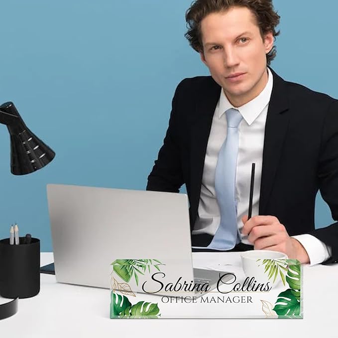 Custom Name Plate for Desk, Desk Name Plate Personalized, Office Decor for Women Men, Acrylic Desktop Accessories, Office Appreciation Gifts for Boss Social Workers Nurse Teacher Employee(Green Leaf)